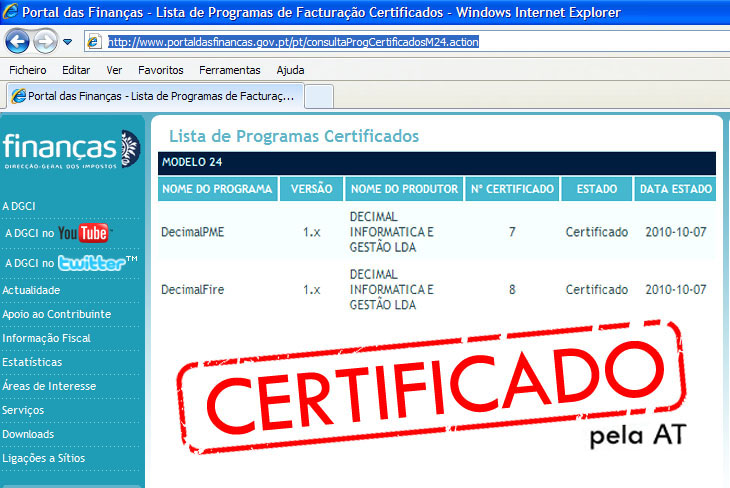 DecimalPME e DecimalFIRE certificados pelas finanças